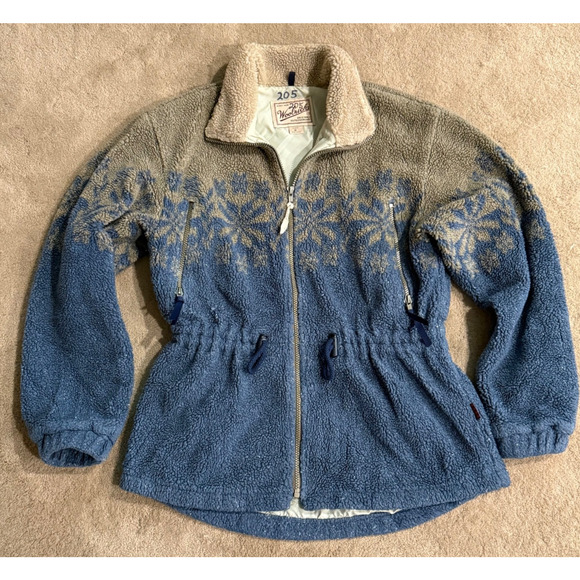 Vintage Woolrich Sherpa Jacket Womens Zip up Tan Blue Snowflakes Size M USA - Picture 1 of 8